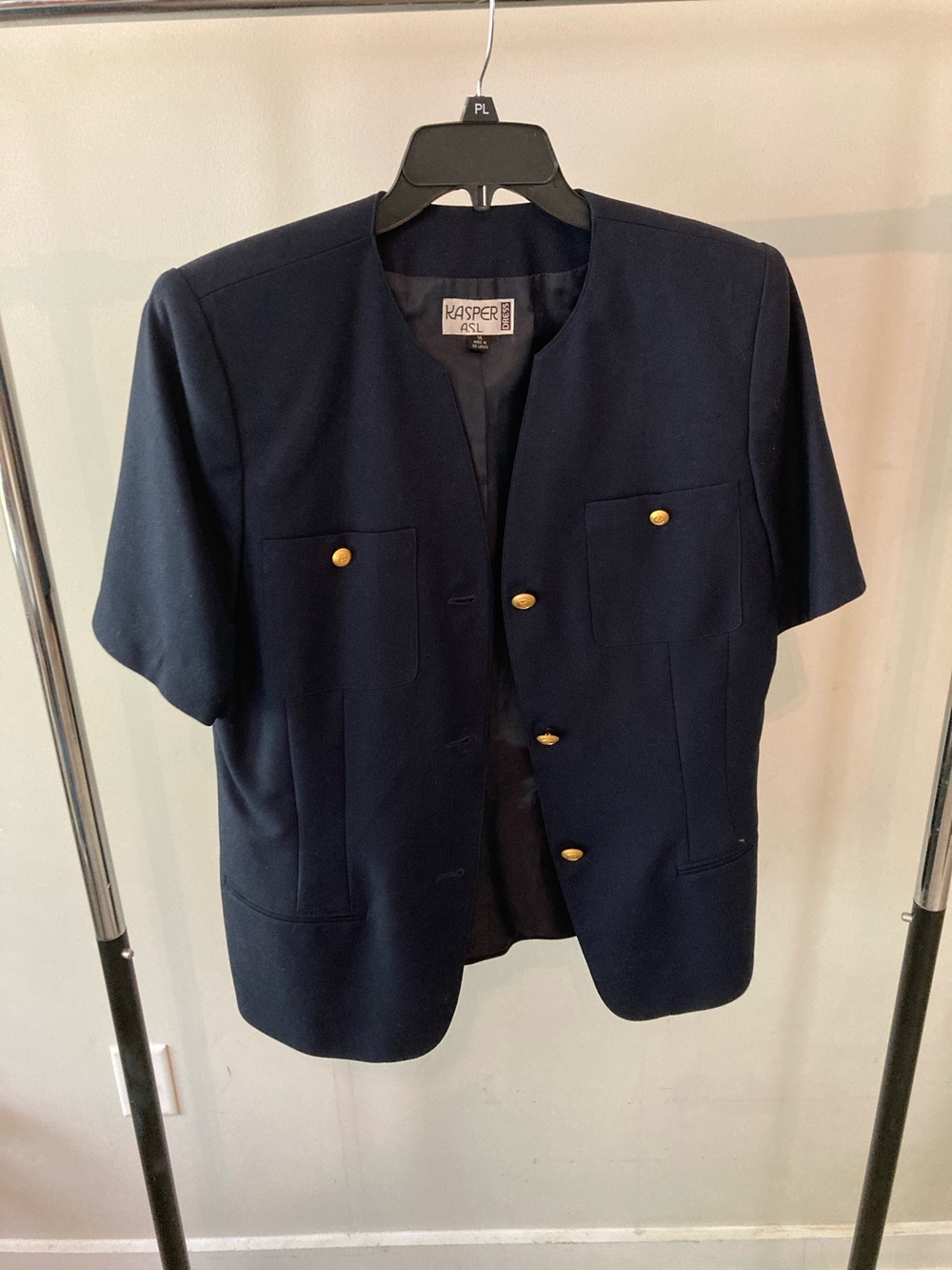 90s Kasper Navy Short-Sleeve Collarless Jacket with Gold Buttons